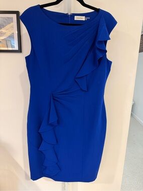 Calvin Klein Cobalt Blue Ruffle Sheath Midi Dress